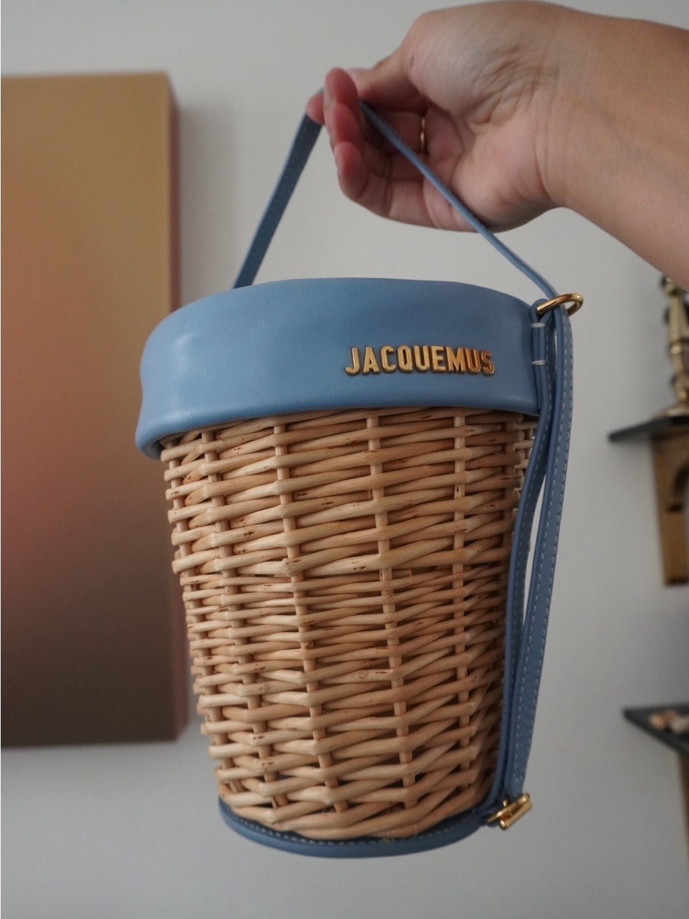 Jacquemus Light Blue Leather & Natural Wicker Crossbody Bucket Bag